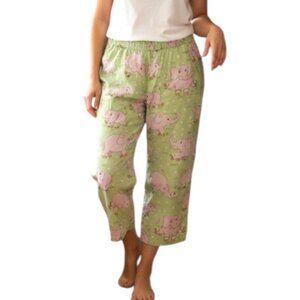 Nick & Nora Green & Pink Elephants Roller Skates Capri Pajama Pants Size Large